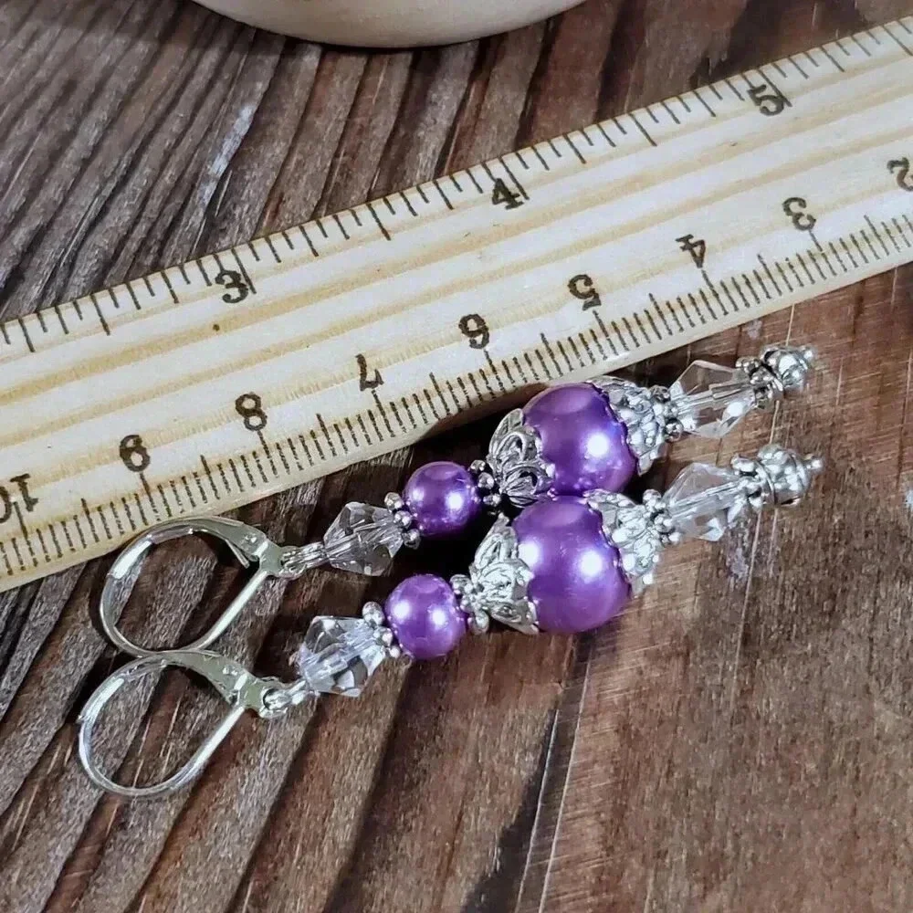 Purple Glass Pearl Sterling Silver Plated Handcrafted Dangle Earrings